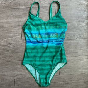 Vintage Blue & Green Ombre Tribal Patterned One Piece Swimsuit Size M